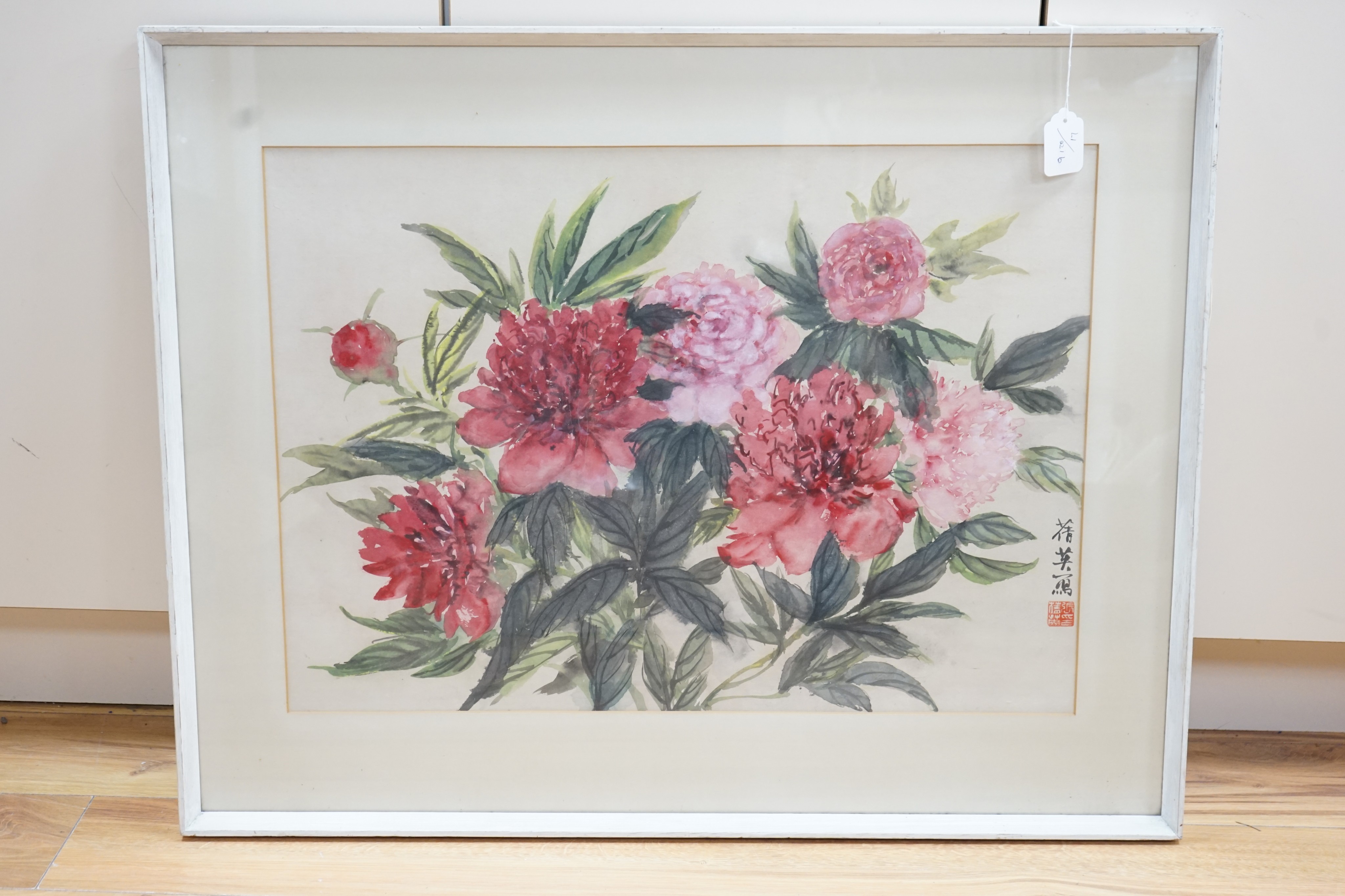 Chien Ying Chang ARWA (1913-2003), watercolour, Peonies, signed, with label verso, 50 x 70cm